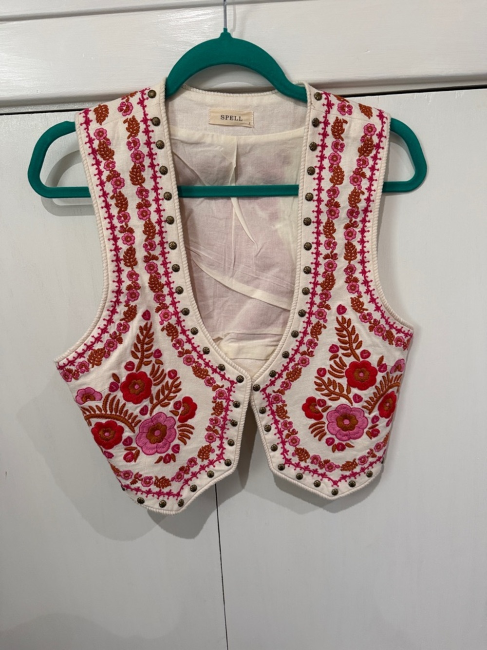 Spell Embroidered Floral Vest in White with Pink & Red